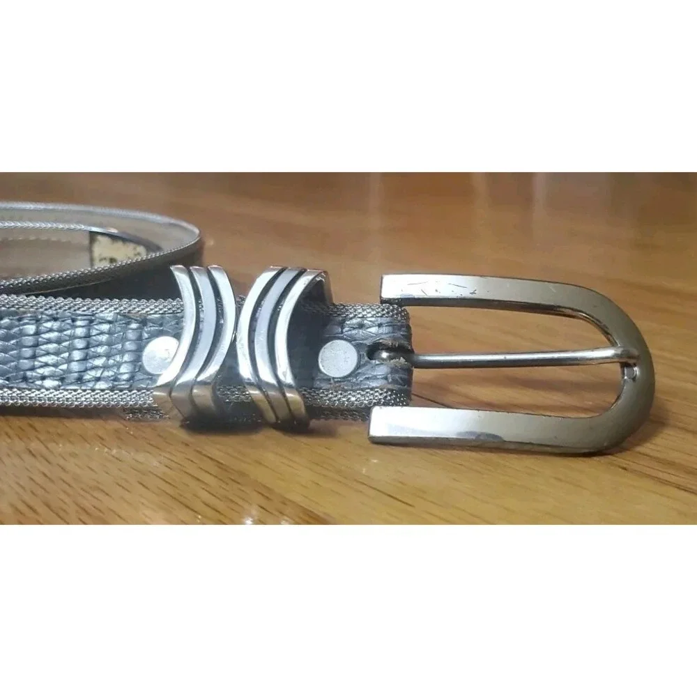 Vintage BB Simon Women Gray Leather Belt‎ Silver Mesh Edging Size 30